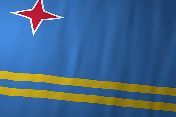 The image shows the national flag of Aruba, featuring a bright blue background symbolizing the sea and sky. A red four-pointed star with a white outline appears in the upper left, accompanied by two horizontal yellow stripes representing abundance and the island’s natural beauty.