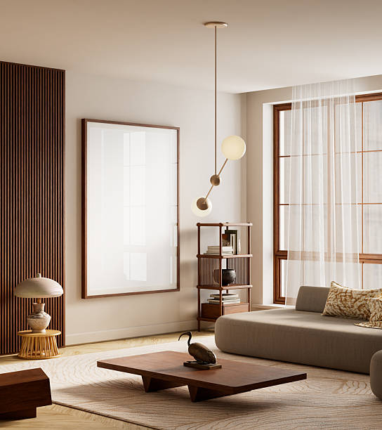 istock Minimal mock-up interior space with warm neutrals, sculptural lighting, soft textiles, and natural wooden accents, designed to create a calm, refined, and visually harmonious modern living scene. 3D illustration 2251185190