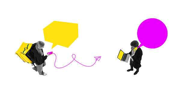 istock Courier and businessman communicating through colorful chat bubbles in surreal digital artwork 2251185940
