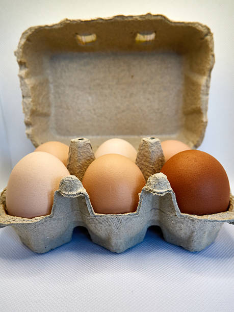 istock Half dozen fresh brown eggs in recycled cardboard carton 2251187834