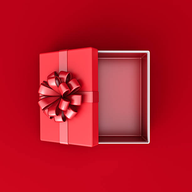 istock Top view of blank red rectangle gift box mock up open or opened red present box with white edge and red ribbon bow isolated on dark red background with shadow minimal conceptual 3D rendering 2251189041