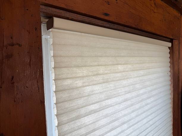 istock White Pleated Window Shade with Frosted Glass Window 2251190505