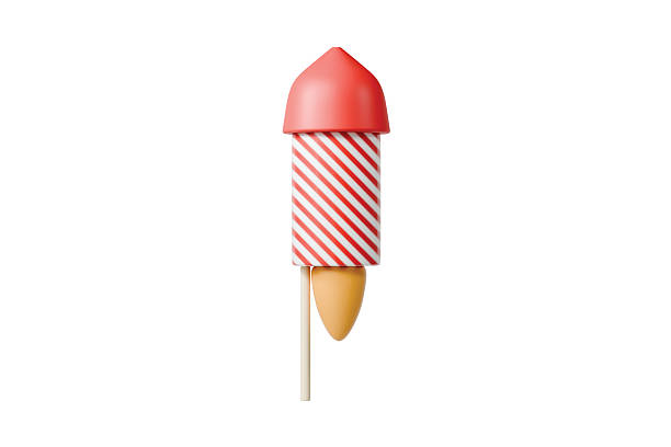 istock 3d striped rocket firework with flame icon. celebration party concept. minimal cartoon firecracker rocket for holiday banner hero header. isolated on white background. 3d render. 2251193046