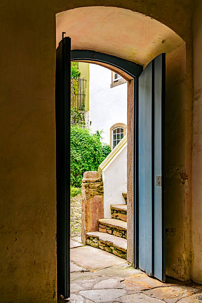 Door in a historic colonial-style mansion overlooking the house's inner courtyard in Ouro Preto