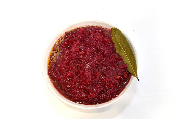 Red beet salad, ready to eat. Top view.