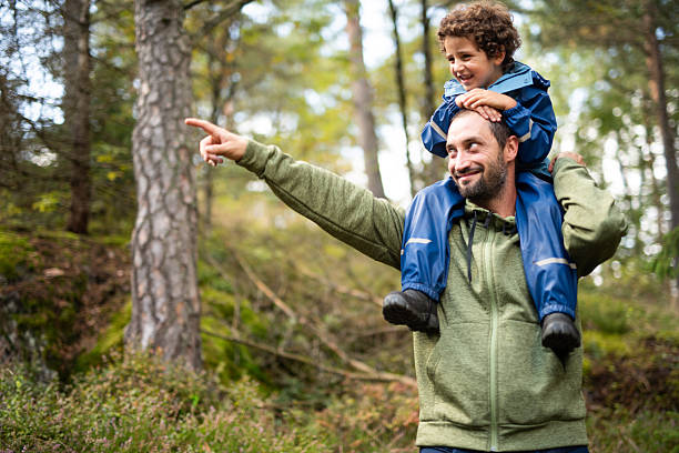 istock Father carrying son on shoulders pointing outdoors. 2251199294