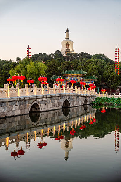 Beihai Park's Five-Dragon Pavilion bridge adorned with vibrant red lanterns and warm lights beautifully reflects in the tranquil lake, contrasting with the White Dagoba atop Qionghua Island