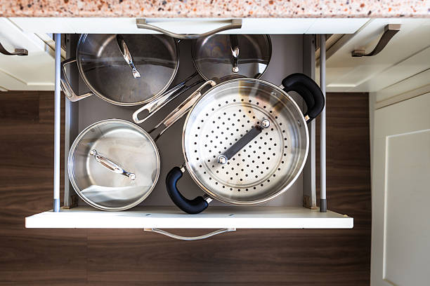 istock Overhead view of open kitchen drawer containing selection of cooking pans 2251201540