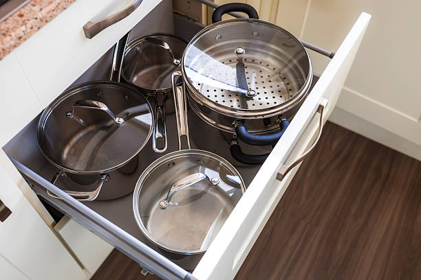 istock Overhead view of open kitchen drawer containing selection of cooking pans 2251201546