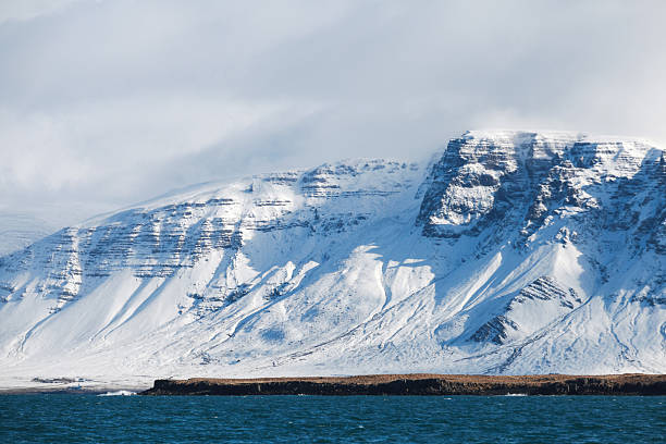 istock Snow covered mountains rise behind a dark rocky coast and deep blue sea 2251201984
