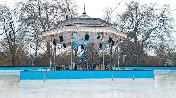 istock Quiet empty ice rink in winter decorated with Christmas lights and soft snow 2251206975