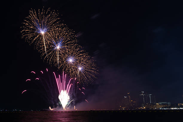 Colorful firework with bokeh light up the sky. New Year celebration, Abstract holiday background