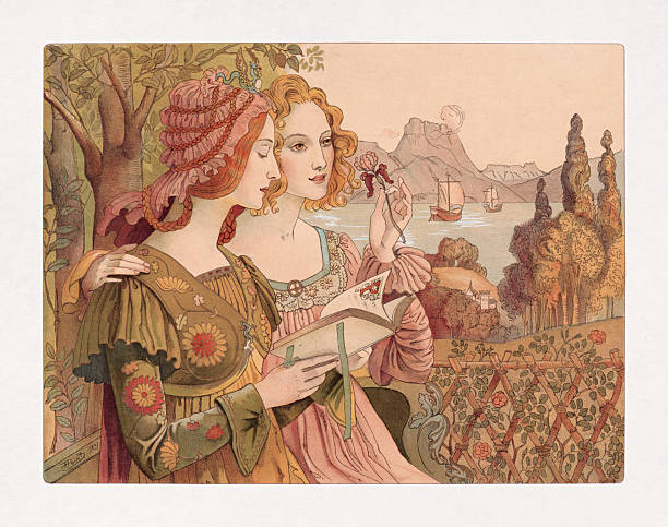 Art Nouveau color lithograph by Armand Point created in 1897 named Golden Legend (Légende Dorée). It depicts two red-headed women in an idealized landscape, reading a book of poetry.