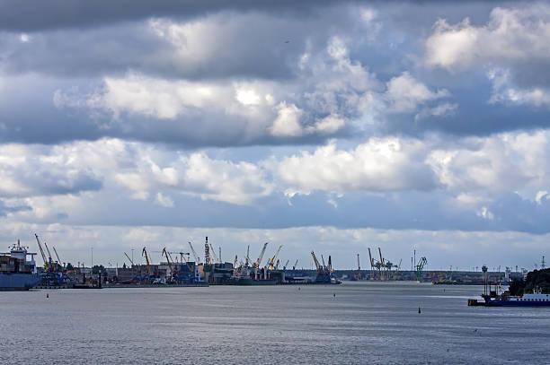 The port of Klaipeda, Lithuania, is located in the northern part of the Curonian Lagoon of the Baltic Sea.