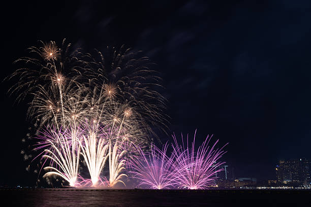 Colorful firework with bokeh light up the sky. New Year celebration, Abstract holiday background