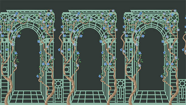 Alcove and trees with flowers in chinoiserie style. Vector.