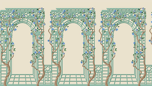 Alcove and trees with flowers in chinoiserie style. Vector.