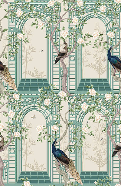 Seamless pattern with peacocks, peonies and alcove in chinoiserie style. Vector