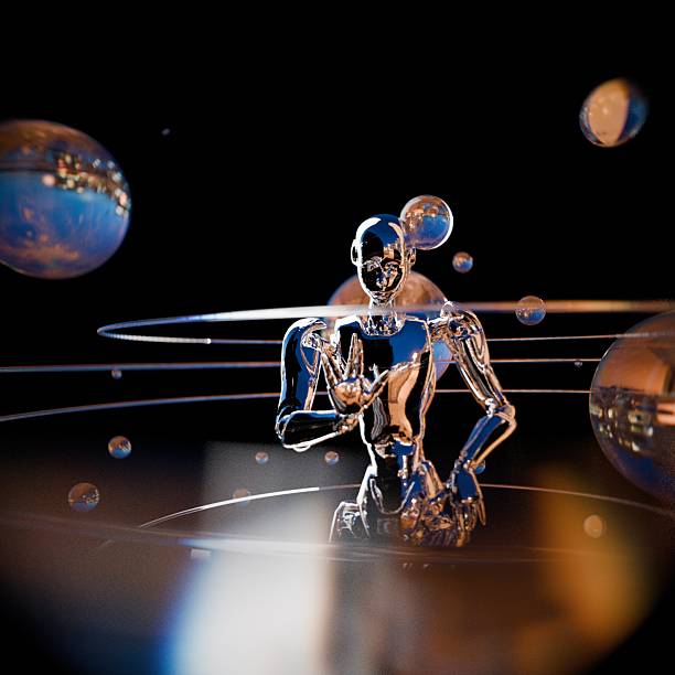 Retrofuturism-style chrome robot, fantastic abstract background