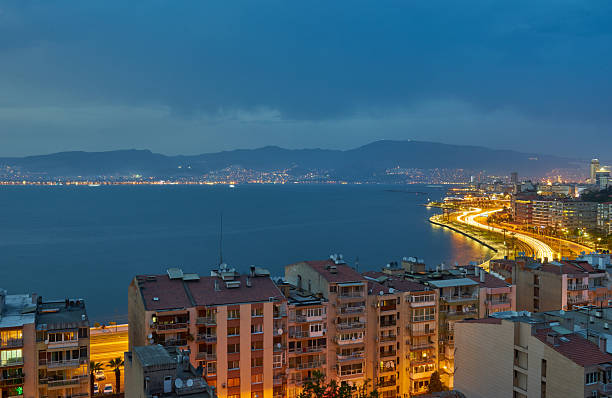Night in Izmir, coastline and bay, photo from elevator tower, Turkey