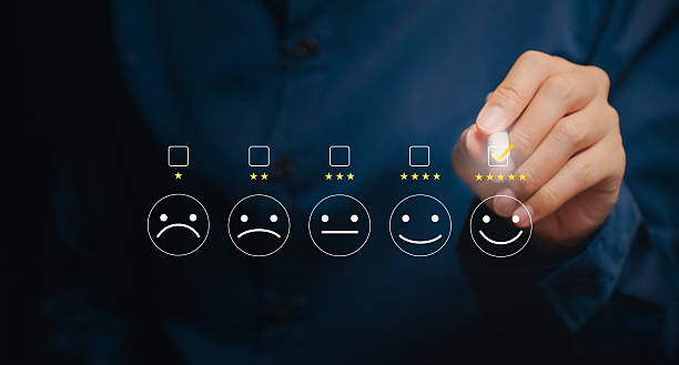 istock Customer satisfaction concept. Hand selecting five-star rating icons, service quality insight, feedback evaluation, user experience improvement, loyalty building strategy, performance review. 2251220012