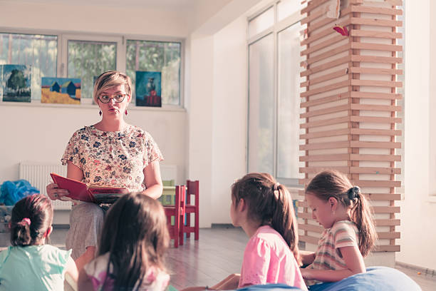 istock Reading time in elementary school or kindergarten, teacher reading a book to kids in elementary school or kindergaden. Selective focus 2251223233