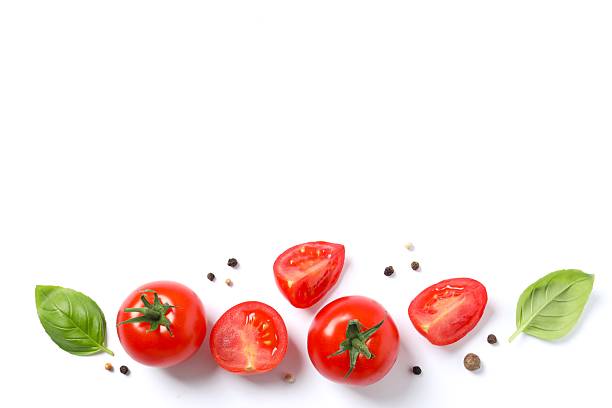 istock Fresh red tomatoes, pepper and basil on white background, top view 2251224884