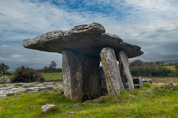 Close up of single-chamber Poulnabrone dolmen in karst-glaciokarst landscape (Burren), County Clare, Ireland from early Neolithic period (from 3800 and 3200 BC)