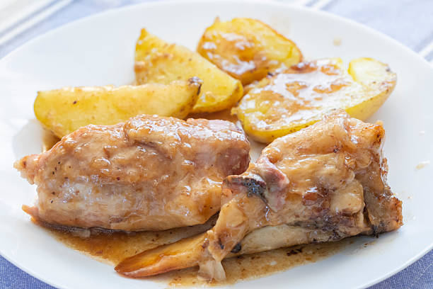 Pork knuckle and boiled potatoes with meat sauce.