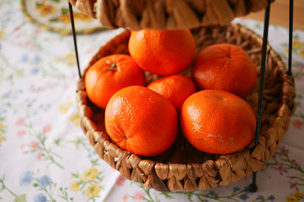 Bright oranges sit in a wicker basket on a colorful floral tablecloth.