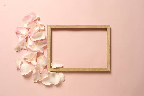istock Wooden frame with rose petals on colored background 2251234408