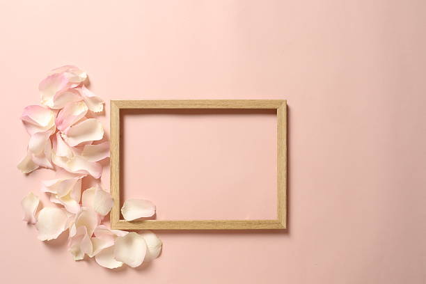 istock Wooden frame with rose petals on colored background 2251234411
