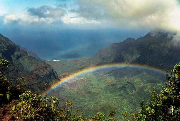 Shot of a large rainbow over the Waimea Canyon from helicopter view. Taken in Kauai, Hawaii, during the day.