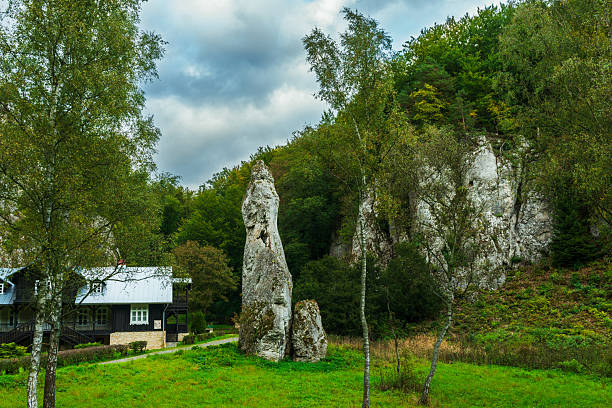 Ojcow National Park, Poland – October 5, 2025: A striking vertical limestone rock formation rises between birch trees and forested slopes, creating a dramatic landmark in a calm green valley. Ideal for geology, tourism, natural heritage, and outdoor adventure visuals.