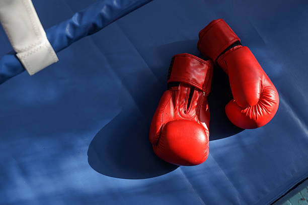 istock Red boxing gloves on blue ring mat ready for training and tournament 2251240345