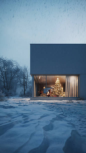 istock Modern House at Dusk with Christmas Tree and Falling Snow 2251242681
