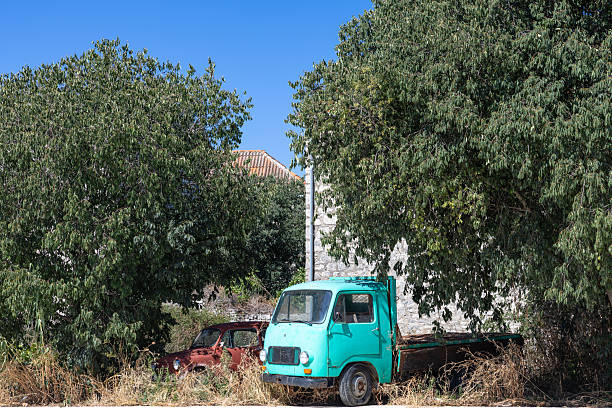 A vintage turquoise truck rests in a sunlit rural setting, framed by lush trees and an old stone wall. Abandoned and nostalgic, the scene conveys quiet solitude and rural charm.