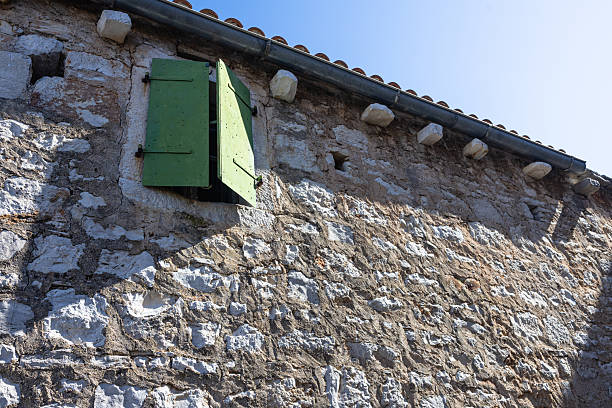 Green Shutter Window Open On Rustic Stone Wall Under Bright Clear Blue Sky, Grohote, Solta