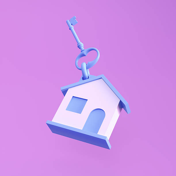 istock 3D Blue Home Key with House Keychain on Purple — Minimal Pastel Render 2251249710