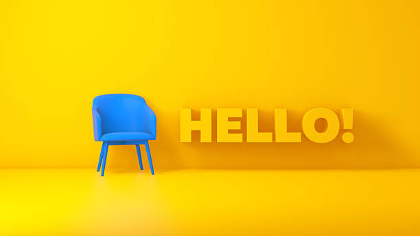 istock Hello Greeting Scene with Blue Chair on Yellow Background (3D) 2251250775
