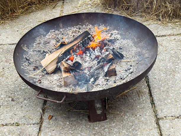 istock Rustic outdoor fire pit with burning wood on stone patio 2251255479