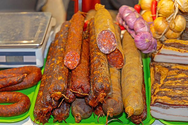 Various Types of Cured Pork Meat Salami Sausages Mild and Spicy