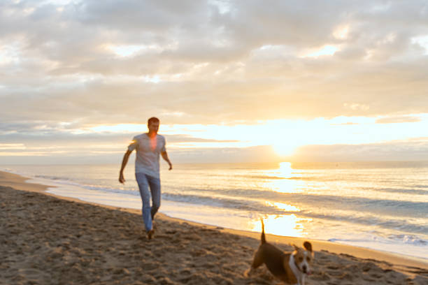 istock Man and dog running on beach during sunrise 2251256915