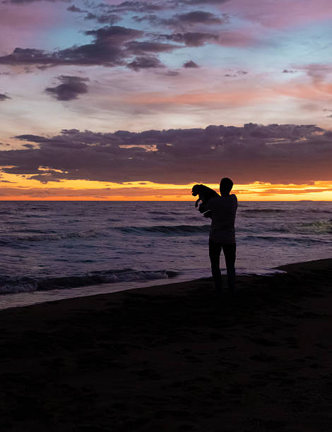 Man holding his dog on a dark sand beach, silhouetted against vibrant orange and purple sunset as waves crash—quiet twilight moment of companionship and serenity by the sea