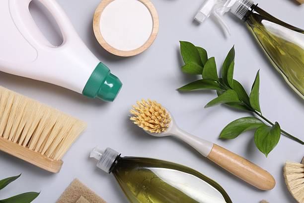 istock Flat lay composition with different cleaning supplies on light gray background 2251265342