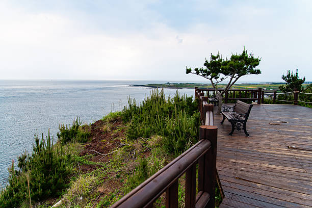 istock wooden floor and bench on the seaside cliff 2251268800