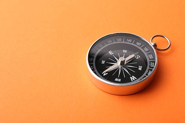 istock One compass on orange background, space for text. Tourist equipment 2251269822