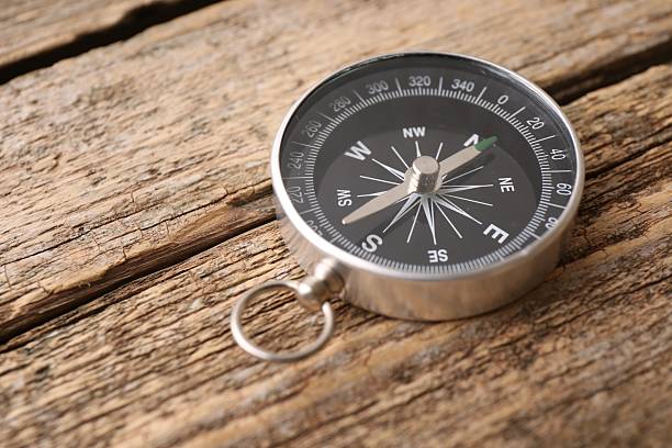 istock One compass on wooden table, space for text. Tourist equipment 2251269840