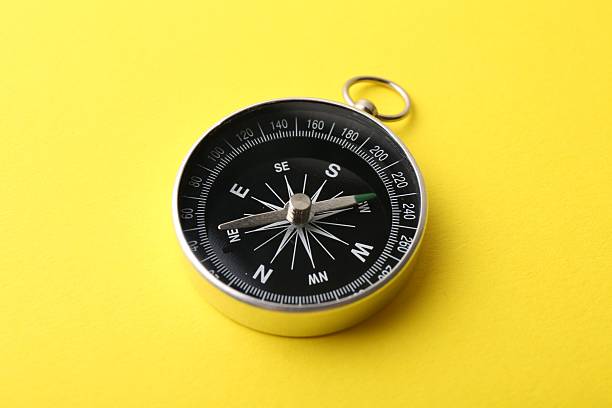 istock One compass on yellow background, closeup. Tourist equipment 2251269841