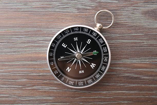 One compass on wooden table, top view. Tourist equipment